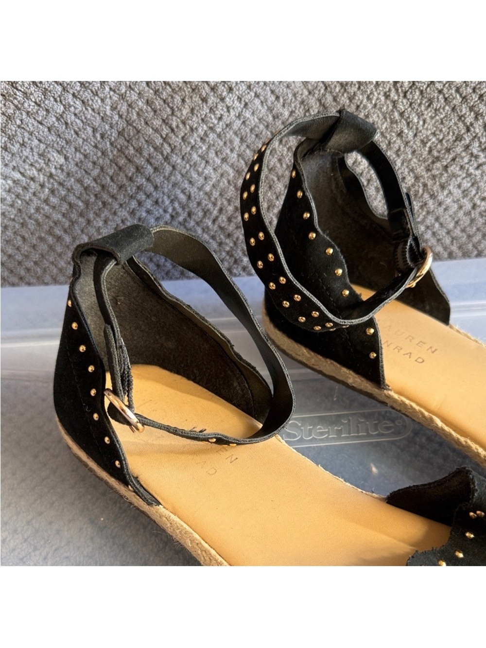 LC Lauren Conrad Black Studded Scalloped Flats Ankle-Strap Espadrilles - Picture 2 of 9